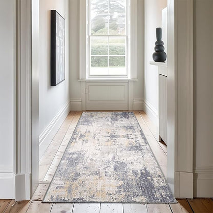 Washable Area Rugs 2'x8' Non-Slip Modern Abstract Soft for Living Room Entryway Bedroom Nursery, Print Pattern, Purple Grey Cream Yellow