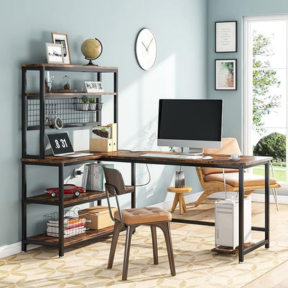 Tribesigns 55" L-Shape Computer Desk with Hutch and Wireless Charging, Office Desk Study Table Writing Desk Workstation with 5 Shelves and Movable CPU Stand for Home Office (Brown)
