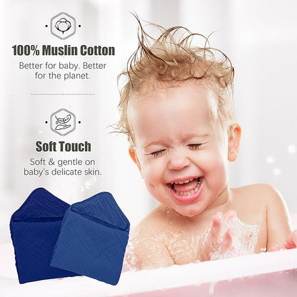 Spotted Play 2 Pack Hooded Baby Towels - 100% Muslin Cotton for Newborns, Infants, Toddlers - Large 32x32 Inch Size - Highly Absorbent and Essential for Newborn Care, Deep Navy