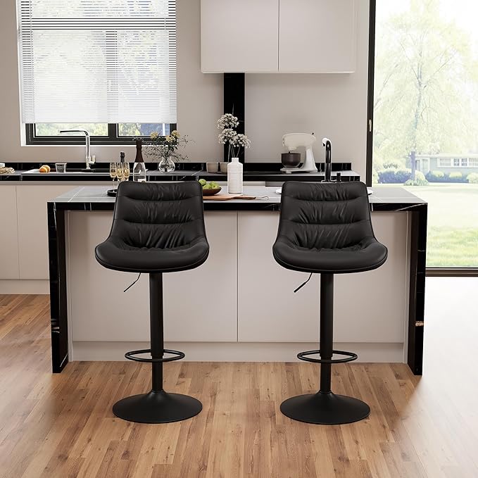 Kidol & Shellder Bar Stools Set of 2 Adjustable Swivel Black, PU Leather Upholstered with Back, Modern Counter Height Stools for Kitchen Island, Home Bar