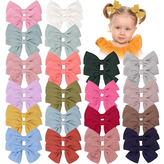 OAOLEER 40Pcs 3.5Inch Hair Bows for Toddler Girls - Linen Neutral Pigtail Bows Double Bun Ponytail Bows Alligator Clips Hair Barrettes Accessories for Baby Little Girls Kids in Pairs