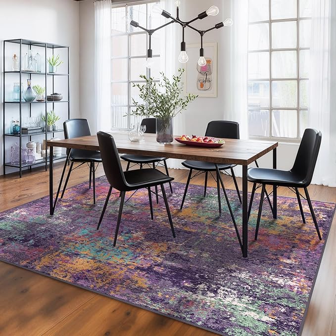 Washable Area Rugs 5'x7' Non-Slip Modern Abstract Soft for Living Room Entryway Bedroom Nursery, Print Pattern, Purple Orange Blue Green Rust Red Colorful