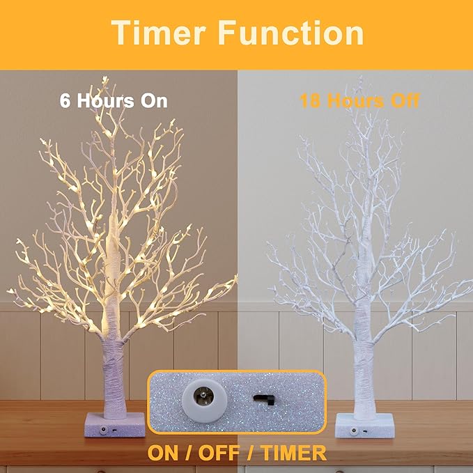 LIGHTSHARE 24IN Lighted Willow Tree Bonsai 70 Mini LED Lights Artificial White Birch Tree for Home, Festival, Wedding, Nativity, Party, and Christmas Decoration, Plug in or Battery (White)
