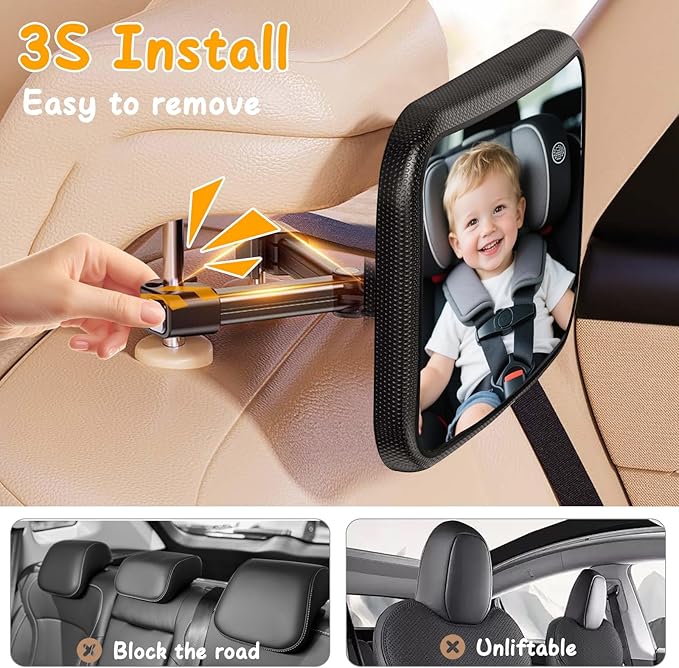 Car Mirror for Baby, Safety Car Seat Mirror for Baby Rear Facing with Clear Vision, Upgraded Hook Clip Design, 360 Rotation, Wide Crystal View, Shatterproof Crash Tested and Certified
