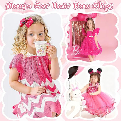 2 Pairs Rose Red Mouse Ears Hair Clips & Mouse Hair Bows Barrettes for baby Girls Accessories Birthday Party Decorations Gift