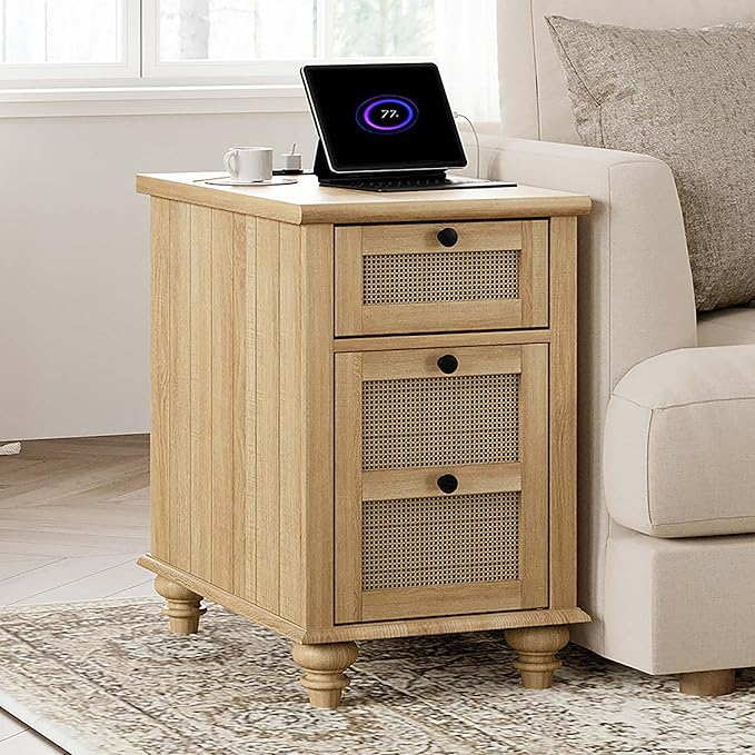 WAMPAT Farmhouse End Table with Charging Station, Rattan Side Table with Drawer & Storage Cabinet, Wooden Oak Nightstand with Power Outlets & USB Ports for Living Room, Bedroom, Burlywood