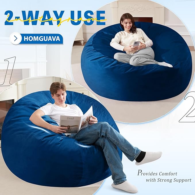 Homguava 6FT Bean Bag Chair Giant BeanBag with Memory Foam Filled, Large Bean Bag Chairs for Adults, Adult Bean Bag Chair with Dutch Velvet Cover for Living Room Bedroom-Blue