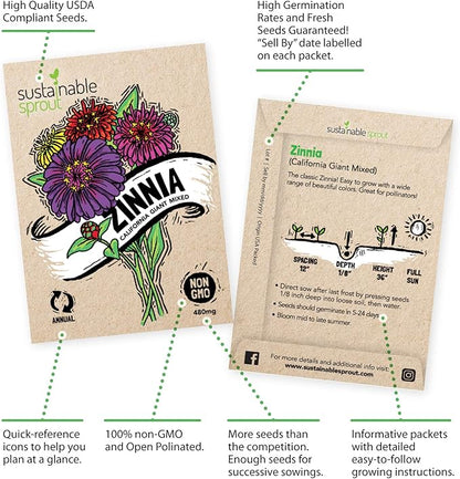 Seeds for Planting Flowers: 8 Bulk Variety Packets Zinnia, Nasturtium, Marigold, Purple Coneflower, Cosmos, Calendula, Bachelor's Button & Sunflower Seeds, Non GMO Flower Seed by Sustainable Sprout