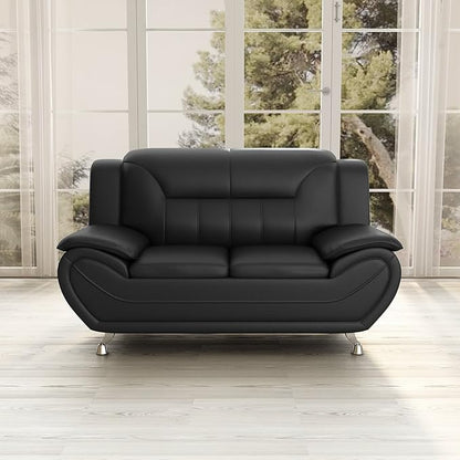 Container Furniture Direct Michael Modern Faux Leather Upholstered Stainless Steel Legs Living Room, Chair, Loveseat, Sofa, Soft Beige/Black