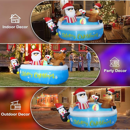 7FT Christmas Inflatable Outdoor Decoration, Christmas Inflatables Santa Claus Cheers Pool Party with Built-in 8 LED Lights & Air Blower for Xmas Blow Up Yard Decorations Outdoor Indoor