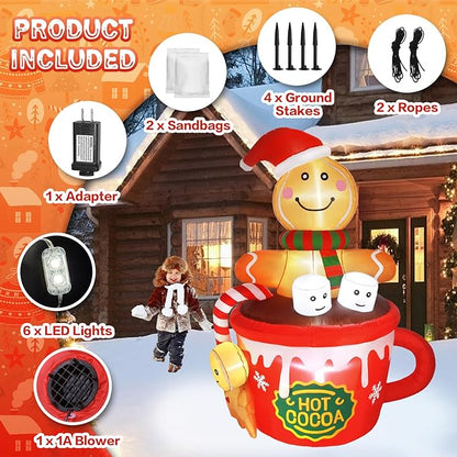 Gardentime 6FT Christmas Gingerbread Man Inflatables Outdoor Decoration Hot Cocoa Cup Cute Giant Xmas Blowups with Built-in LED Lights for Holiday Indoor Yard Lawn Garden Outside Home Décor