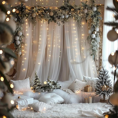 Fomcet White Tulle Backdrop Curtains with Lights String 10FT X 10FT Sheer Curtain with Lights Tulle Curtains Backdrop for Wedding Birthday Party Photo Shoot (2 Panels 5x10FT)