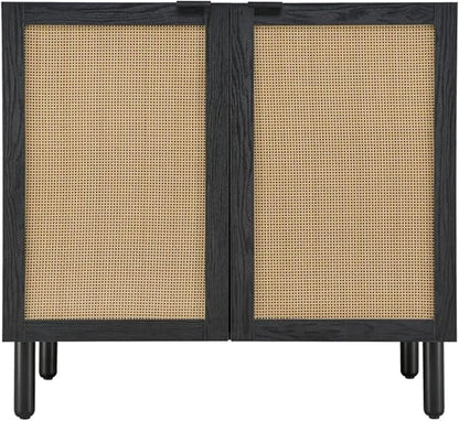 Sango Orre 2-Door Cabinet, Modern Black Storage Cabinet with Synthetic Rattan Door Panels, Adjustable Shelf, Cylindrical Wood Legs, Discreet Finger Pulls, Elegant Furniture for Living or Dining Room