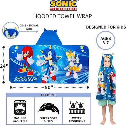 Sonic The Hedgehog, Anime, Bath/Pool/Beach Soft Cotton Terry Hooded Towel Wrap, 24 in x 50 in, By Franco Kids