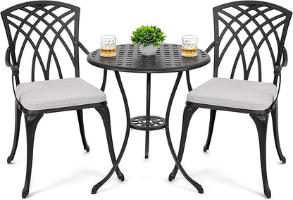 NUU GARDEN Bistro Set 3 Piece Outdoor Cast Aluminum Patio Bistro Set Patio Table and Chairs Set of 2 with Umbrella Hole and Gray Cushions, Black