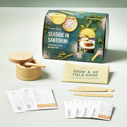 Modern Sprout Travel Trio Seaside in Santorini; Travel-Inspired Seed Kit with Salt Cellar, Organic Seed Starting; Gardening Gift (Seaside in Santorini)
