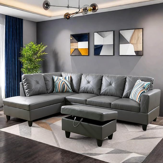 L Shaped Sectional Sofa with Ottoman, Leather Right Facing Modern Couches for Living Room, Bedroom, Office