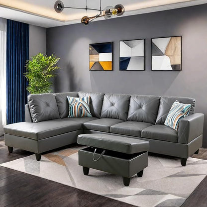 L Shaped Sectional Sofa with Ottoman, Leather Right Facing Modern Couches for Living Room, Bedroom, Office