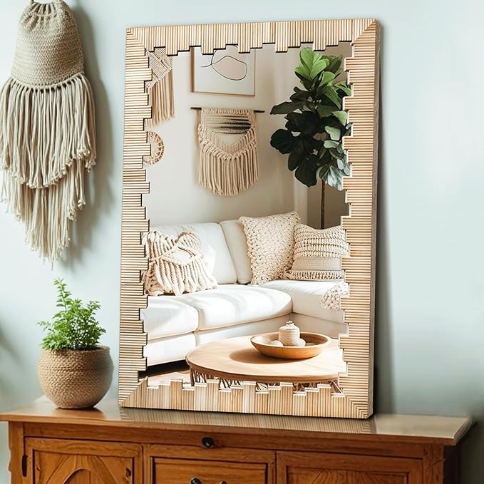 Boho Wall Mirror with Wood Frame, 36"x24" Faux Rattan Decorative Vanity Mirror for Bathroom, Living Room, Bedroom, Entryway(Rectangle)