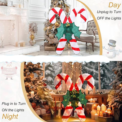 Lighted Christmas Candy Cane Decoration Outdoor Pre-lit 3D Crossed Candy Cane Glittered with LEDs Lighted Up Standing Ornament Outdoor Indoor Christmas Decoration for Home Lawn Yard Garden Display