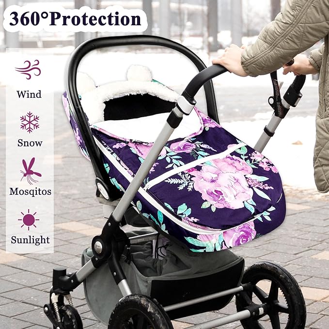 Winter Carseat Cover Girls, Purple Cozy & Warm Cover, Infant Car Seat Canopy, Ultra-Soft Breathable Protect Baby from Cold Wind, Zipped Removable Design