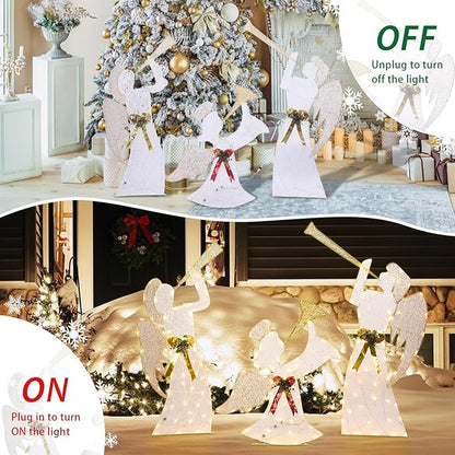 Outdoor Christmas Angel Decoration Christmas Lighted 3 Angels Playing Trumpet with Holly Berries Decoration for Xmas Home Pathway Lawn Party Display