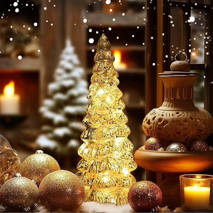 Christmas Tree Glass Decorative LED Light: 13.5" Tall, Battery Operated Holiday Tabletop Ornament, Frosted Glass Christmas Home Decor, Xmas Tree Night Light for Indoor Decor White