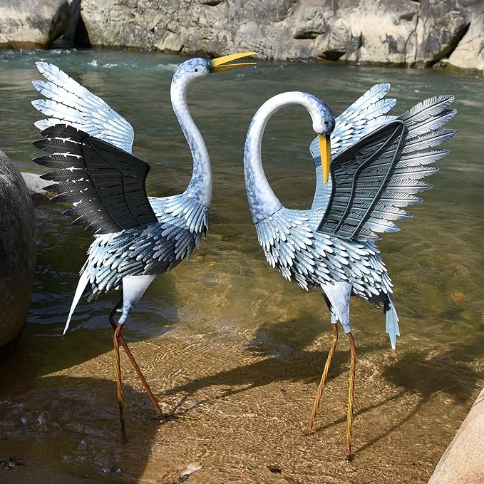 24-27 Inch Standing Crane Garden Sculptures & Statues, Crane Metal Yard Art for Backyard, Lawn, Patio, Porch, Birthday, Wedding Decorations, Gray