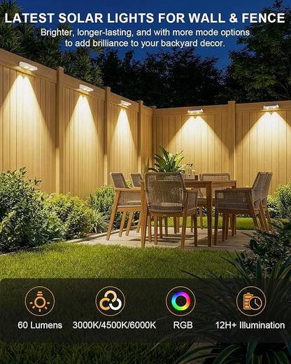 Solar Fence Lights Outdoor ,3000/4500/6000K 13 Mode, 2 Pack Fence Lights Solar Powered with Ultra-Bright Lens IP65 Waterproof,Solar Wall Light for Backyard/Step/Patio/Deck/Stair/Railings(White)