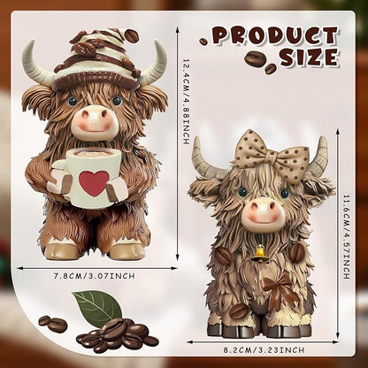 2 Pack Christmas Highland Cow Resin Figurine Decor Coffee Theme Highland Cow Gnomes Starfish Resin Statue for Garden Table Shelf Kitchen Home Coffee Bar Decor Calf Gnome Herd Gifts
