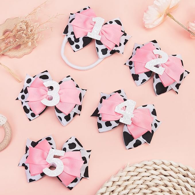 Cow Print Birthday Bow Hair Clip, Pink Farm Animal Theme 1 Year Old Hair Bow Clip Accessory for Toddler Girls Party Baby Shower Decor