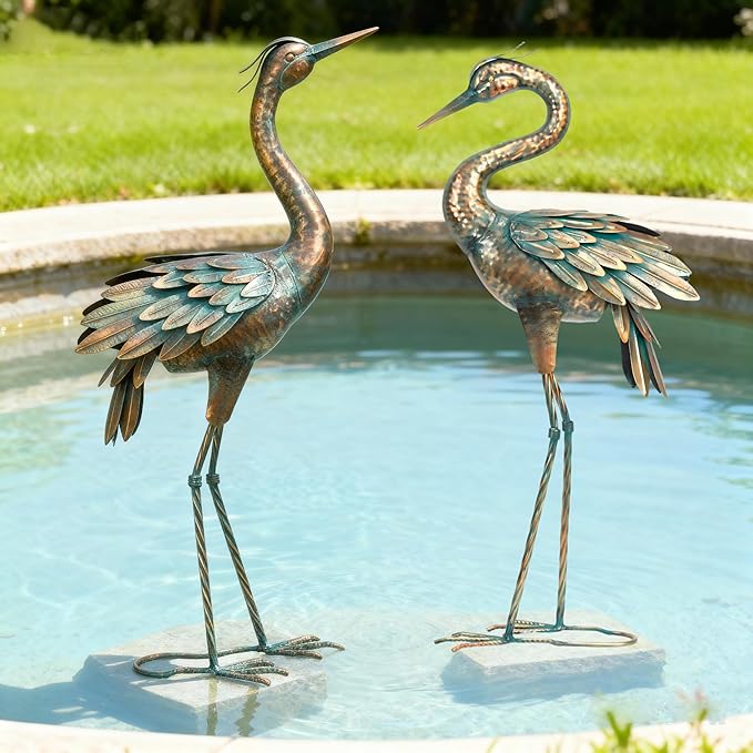 Shorayn Metal Crane Garden Statue, Garden Sculptures & Statues, Bronze Crane Ornaments Yard Art for Backyard Patio Lawn Decorations