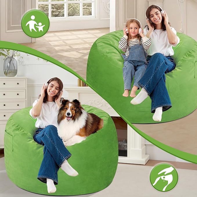 Homguava 3FT Bean Bag Chair: 3' Bean Bags with Memory Foam Filled, Large Beanbag Chairs Soft Sofa with Dutch Velvet Cover-Lime
