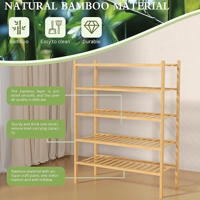5 Tier Bamboo Shoe Rack for Closet Free Standing Wood Shoe Shelf for Entryway Small Space Stackable 27"x11"x33" (Natural)