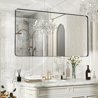 55×30 Black Bathroom Mirror, Rectangular Bathroom Vanity Mirror for Wall with Rounded Corners & Aluminum Alloy Frame, Tempered-Glass, Modern, Farmhouse, Horizontal/Vertical, Entryway, Bedroom