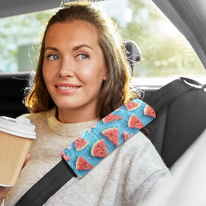 Summer Watermelon Slice Blue Wooden Board Seat Belt Cover 2 Pack Car Seat Belt Cushion Soft Shoulder Pad Auto Interior Accessories Protect Your Neck and Shoulder