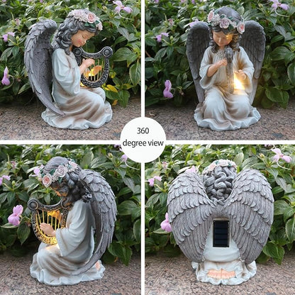 Garden Angel Decor Solar Angels Statues for Garden Waterproof Angel Sculpture Playing The Harp Solar Angels for Yard Patio Gardening Gift