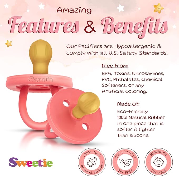 SWEETIE Rubber Pacifier Natural Rubber Pacifier Rounded Pink (Pink, 12-18 Month)