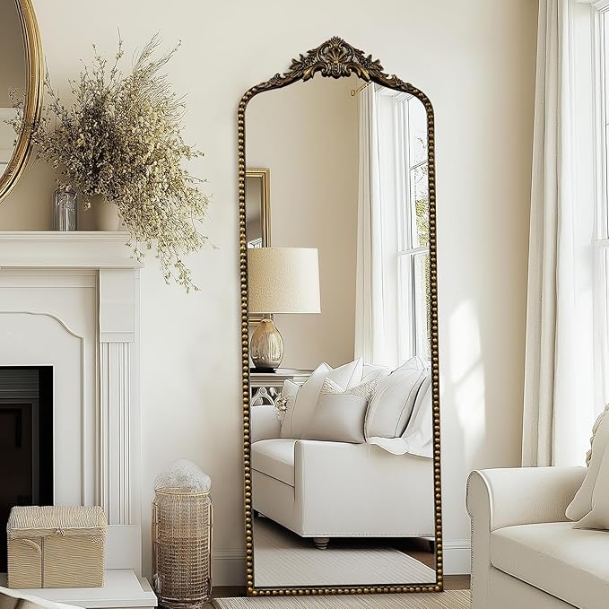 G-LEAF Vintage Baroque Full Length Floor Mirror 22"X65", Victorian Antique Mirror with Black Brush Gold Ornate Metal Frame for Fireplace Entryway Living Room Hallway Bathroom