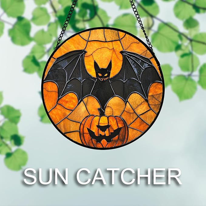 Stained Glass Window Hanging 4 Pcs Set Ghost Pumpkin bat Gothic Decor 7.8" - Horror Halloween Suncatcher Door Garden Sun Catcher Birthday White Elephant Gifts for Mom Woman Men Friend