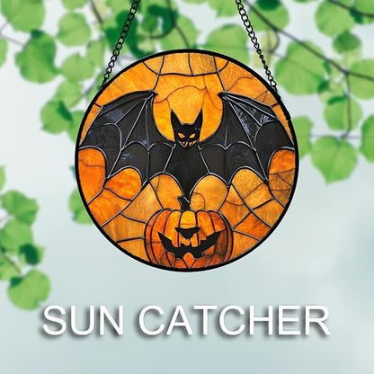 Stained Glass Window Hanging 4 Pcs Set Ghost Pumpkin bat Gothic Decor 7.8" - Horror Halloween Suncatcher Door Garden Sun Catcher Birthday White Elephant Gifts for Mom Woman Men Friend