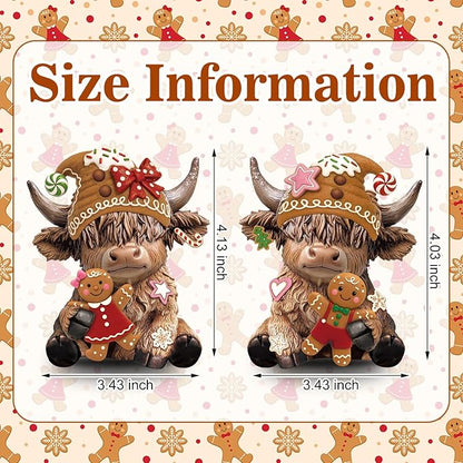 Karenhi 2 Pcs Highland Cow Figurines Christmas Gingerbread Man Highland Cow Gnomes Scottish Resin Statue Calf Lovers Gifts for Xmas Home Garden Kitchen Office Tiered Tray Table Decor