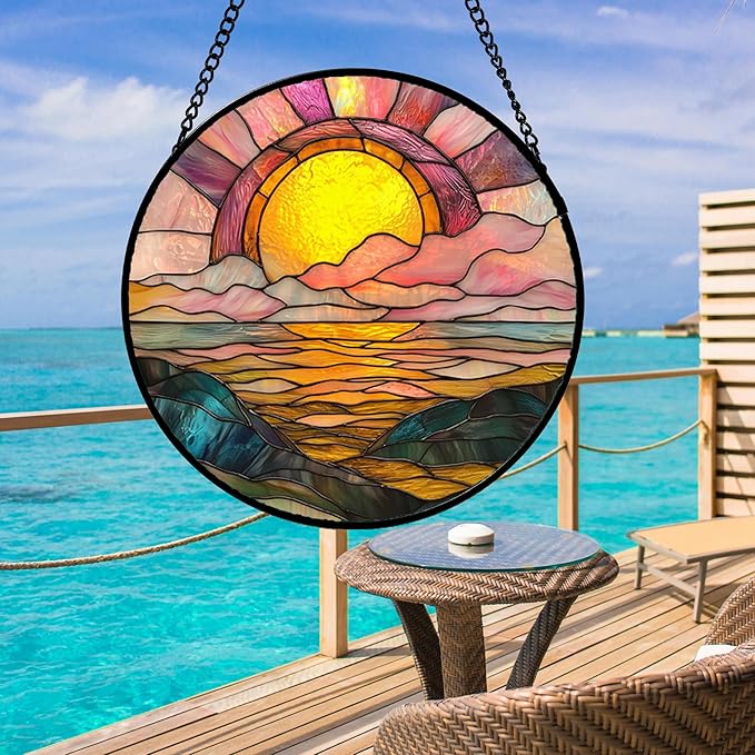 Stained Glass Window Hanging, Sunrise Over The Sea Suncatcher Diamond Glass Panel Hangings Abstract Sun Catchers Decor for Birthday for Women, Men, Wife, Aunt, and Mom 14.9 in