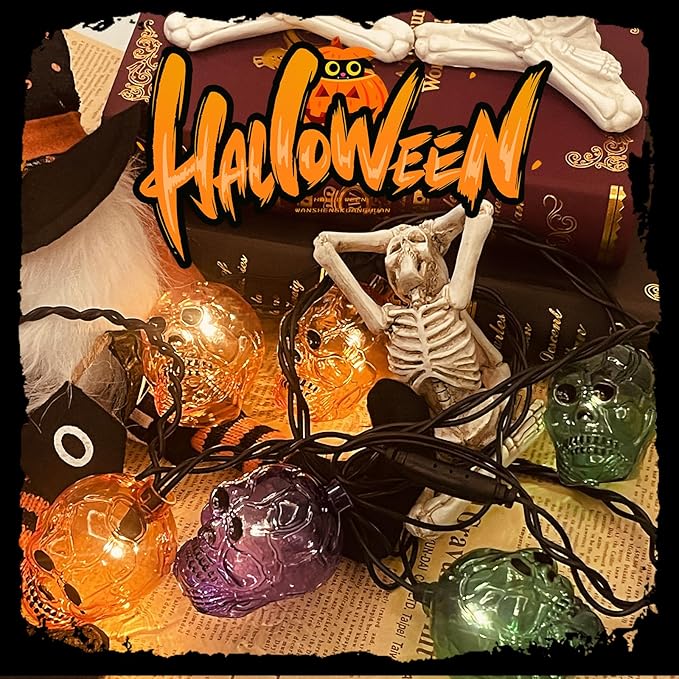 GOOTHY Halloween Skull String Lights 8.5Ft Outdoor Halloween Decorations Lights with 10 LED Orange Purple Green Skeleton Light, Plug in Skeleton Lights for Indoor Party Window Patio Bedroom Decor