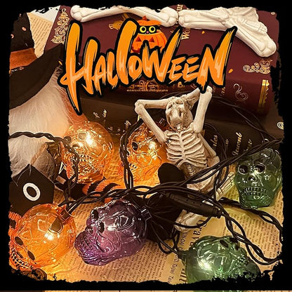 GOOTHY Halloween Skull String Lights 8.5Ft Outdoor Halloween Decorations Lights with 10 LED Orange Purple Green Skeleton Light, Plug in Skeleton Lights for Indoor Party Window Patio Bedroom Decor