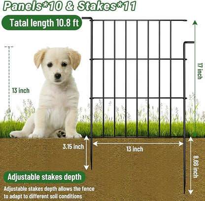 10 Panels Animal Barrier Fence - No Dig Rustproof Metal Garden Fence, 17in H x 10.8ft L, Decorative Outdoor Fence for Rabbits Dogs, Easy Install Fence for Flower Beds and Patios