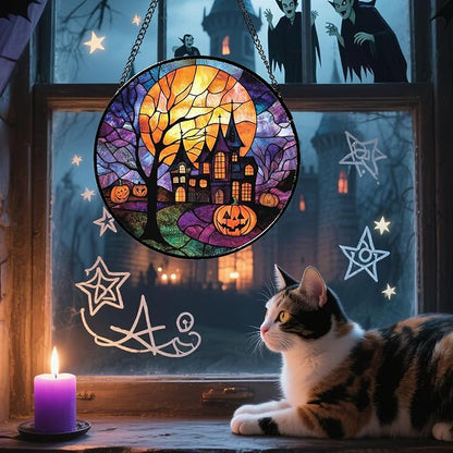Stained Glass Window Hanging Halloween Horror Pumpkin 9.8" - Suncatcher Door Garden Sunroom Golden Moon Church Sun Catcher Birthday for Friend Mom Men Woman Nana