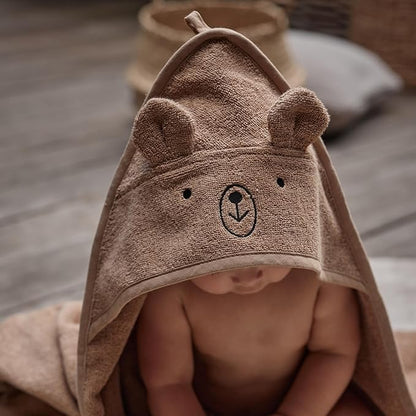 Hooded Baby Towels - 100% Organic Cotton Baby Bath Towels, 32" x 32" Super-Soft and Absorbent Baby Towels for Newborn 2-Pack (Rabbit Grey/Bear Natural)