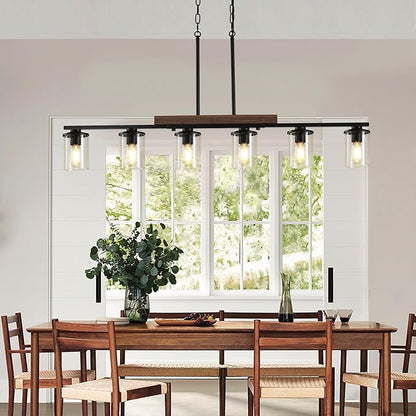 47.2'' Kitchen Island Light Fixtures, 6-Light Dining Room Light Fixture Chandelier Over Table, Black Modern Rustic Wood Ceiling Pendant Light Fixtures, with Clear Glass Shade, Farmhouse Chandelier