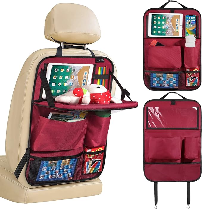 LUCMO Car Backseat Organizer with Tablet Holder,6 Storage Pockets Car Storage Organizer with Foldable Food Tray,Seat Protectors Kick Mats Travel Accessories-Red